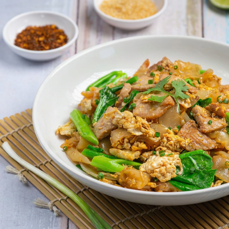 Thai-style stir-fried noodles with pork, crispy egg, and Chinese broccoli in a white bowl, served with chili flakes and lime.