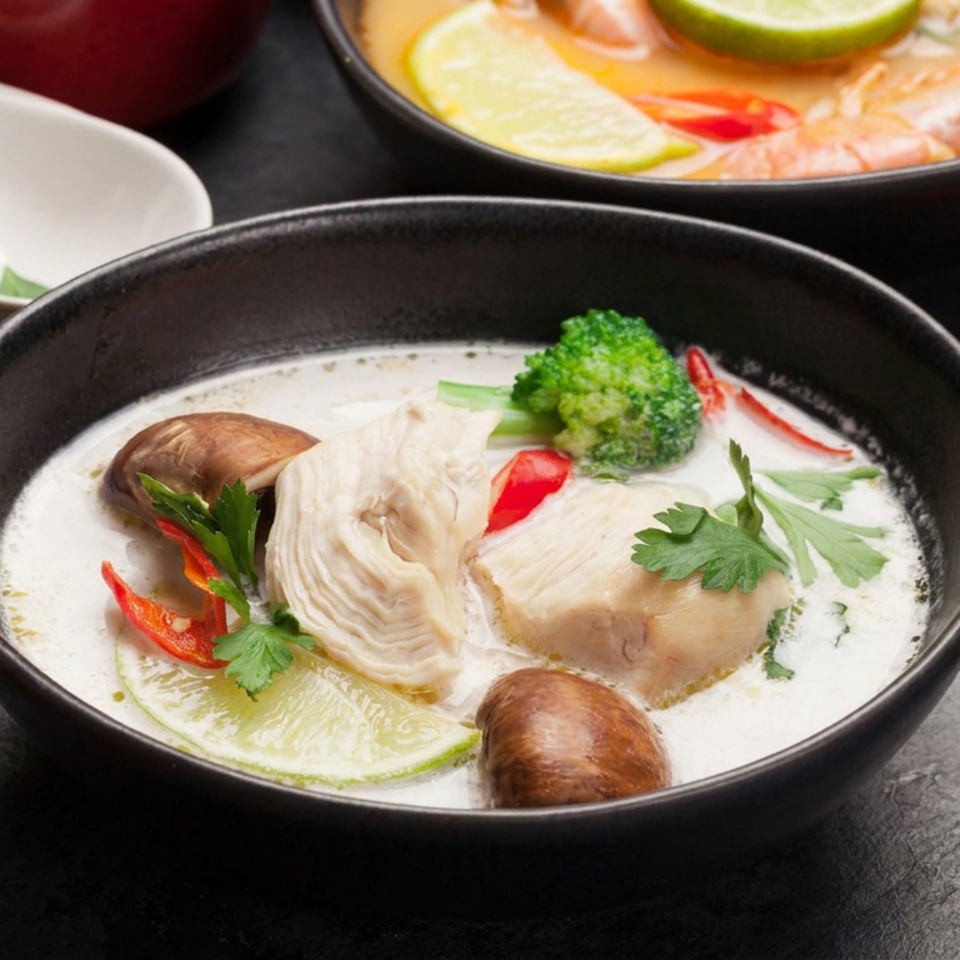 Black bowl of creamy coconut soup with chicken, mushrooms, broccoli, chili peppers, lime, and cilantro on a dark table.