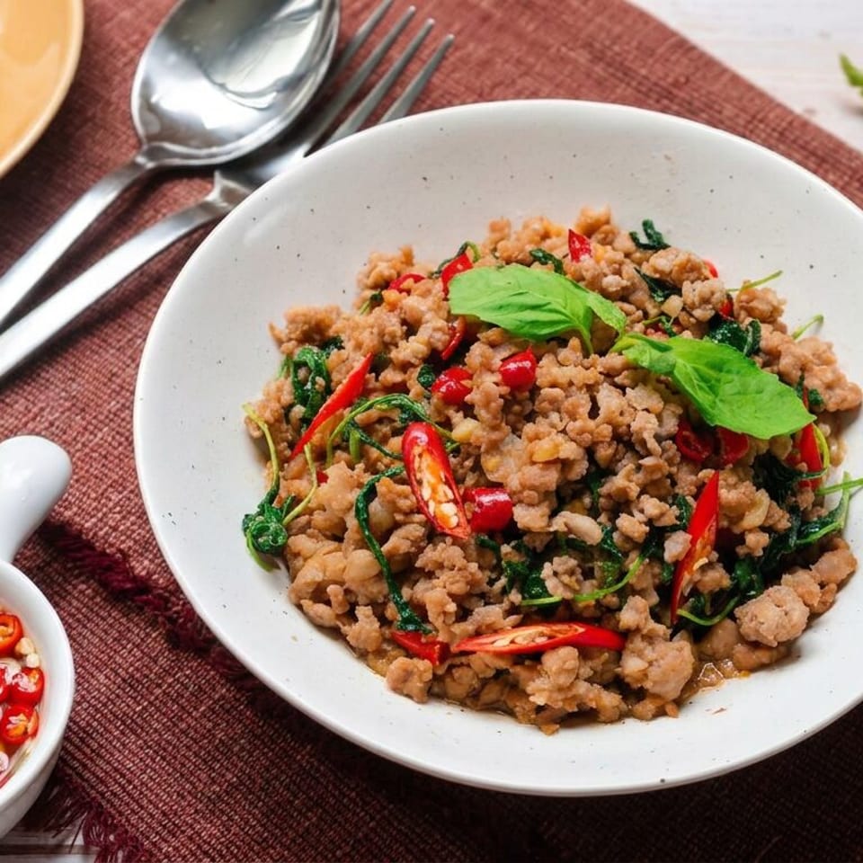 Thai basil minced pork stir-fry with red chilies, rice, and chili-garlic dipping sauce on a rustic table.