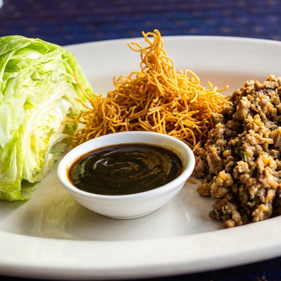 Crispy minced meat with fried noodles, iceberg lettuce, and dark dipping sauce served on a white platter.
