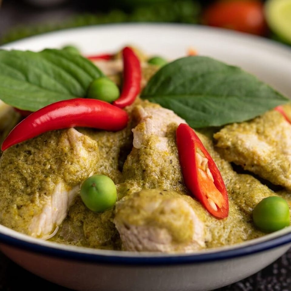 Bowl of creamy green curry with chunks of chicken, red and green chilies, peas, and fresh basil leaves.