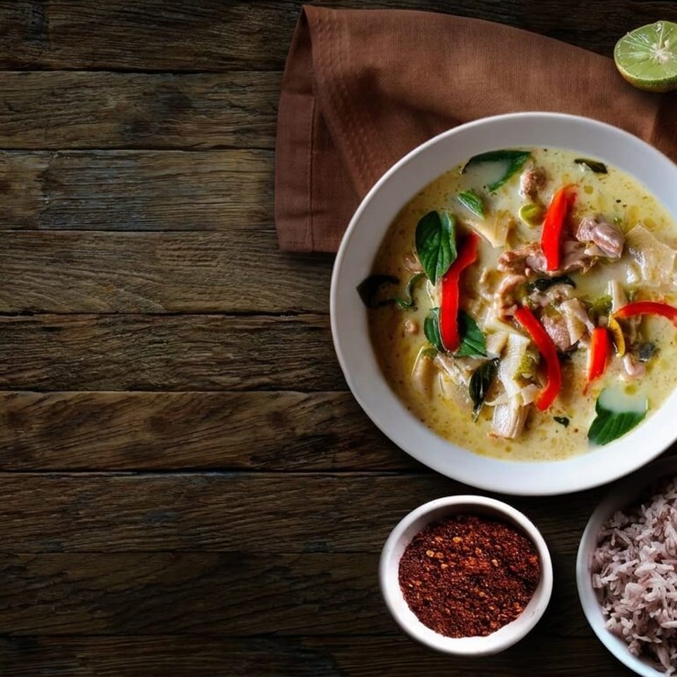Bowl of creamy Thai curry with chicken, red peppers, basil, rice, and spices on a rustic wooden table.