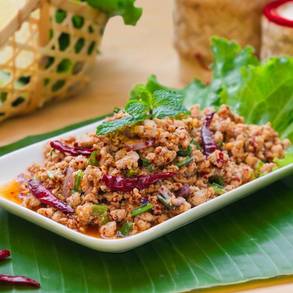 Spicy minced meat salad with dried chilies, herbs, lettuce, and lime served on a rectangular plate over banana leaves.