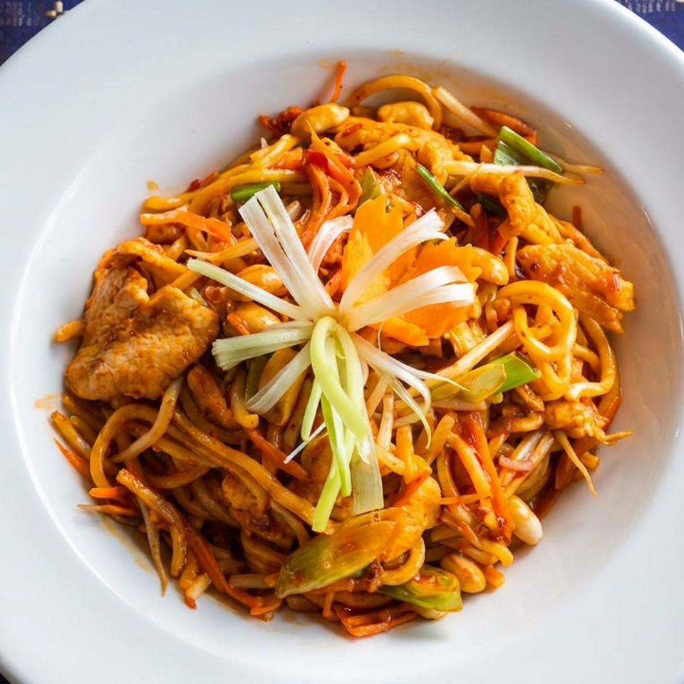 Stir-fried noodles with chicken, vegetables, and shredded scallion garnish served on a white plate.