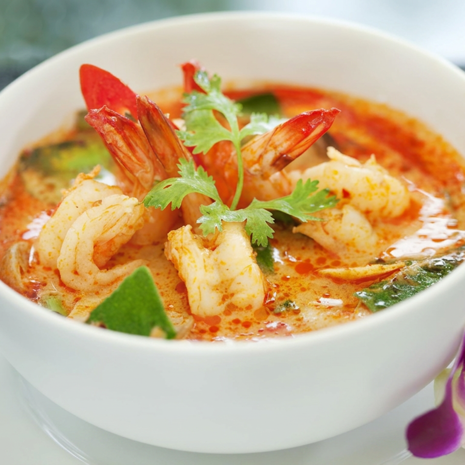 Bowl of spicy shrimp soup garnished with cilantro, lime leaves, and a purple orchid on a white plate.