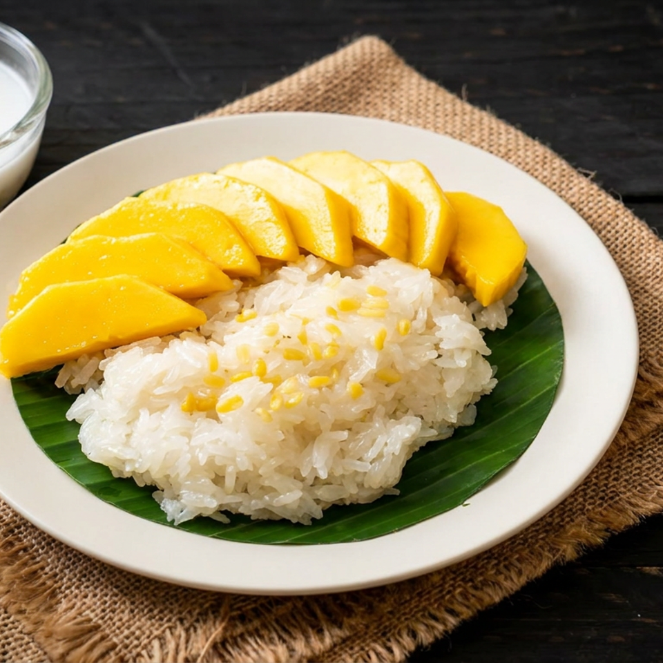 Mango sticky rice topped with sesame seeds on a banana leaf, served with coconut sauce on a rustic table.