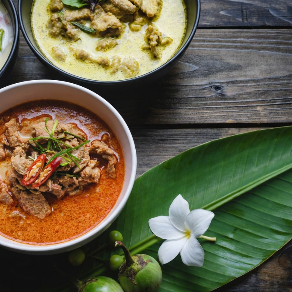 Assorted Thai curries in bowls with chilies, herbs, lime, basil, and a flower on a banana leaf.